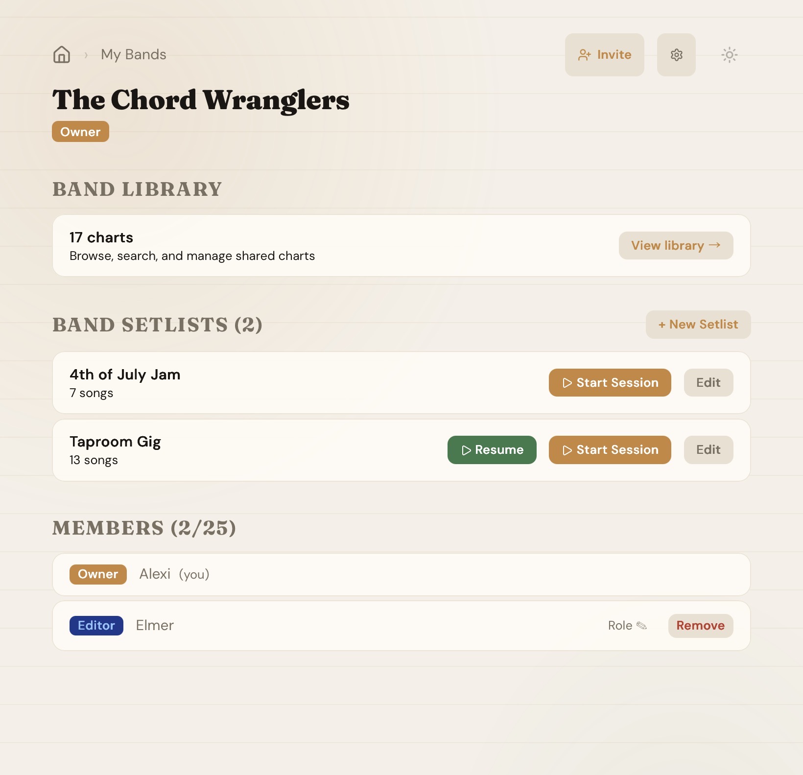 Band workspace with shared setlists and members